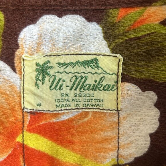 Ui- Maikai Vintage 60s Hawaiian Hibiscus Floral Barkcloth Tiki Dress Draped Back - Picture 8 of 10